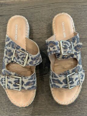 Gianni Bini Women's Rhinestone Leopard Buckle Slide Sandals